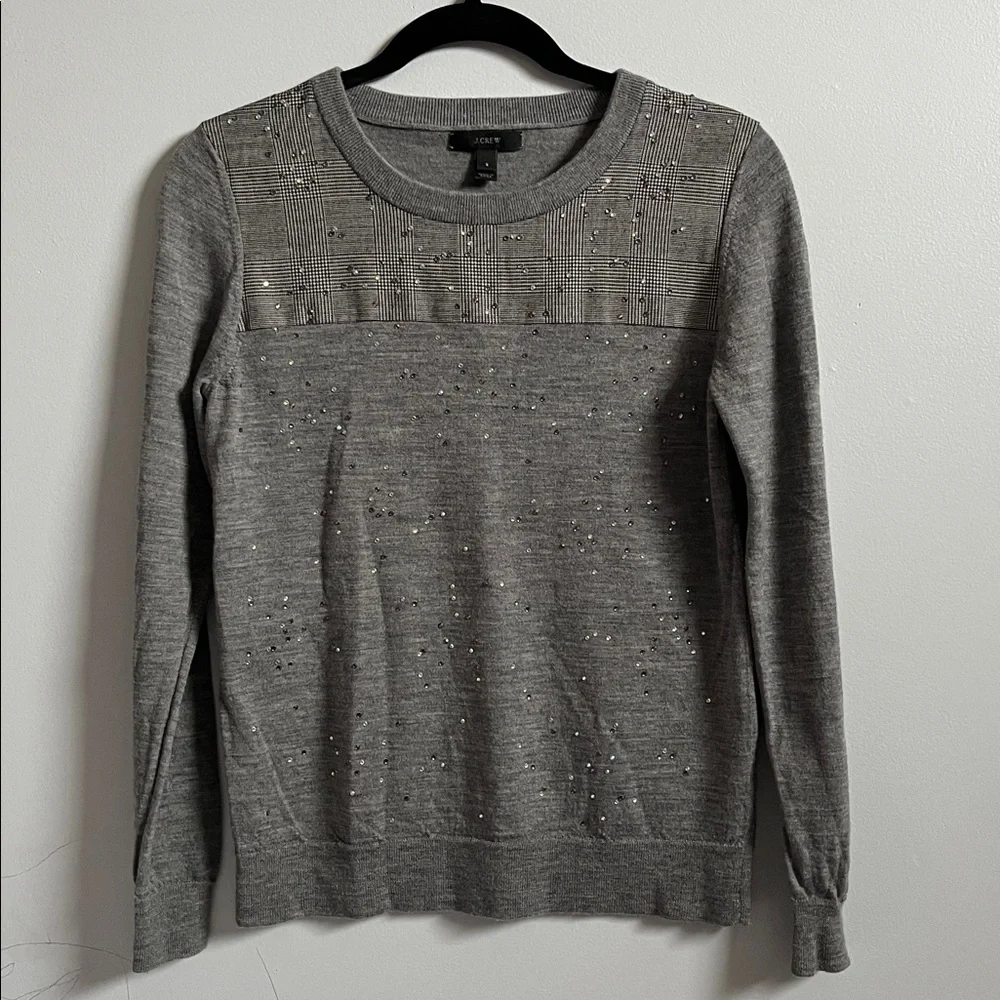 J.Crew Tippi Sweater in 100% Merino Wool Glen Plaid Yoke and Sequined Body Small